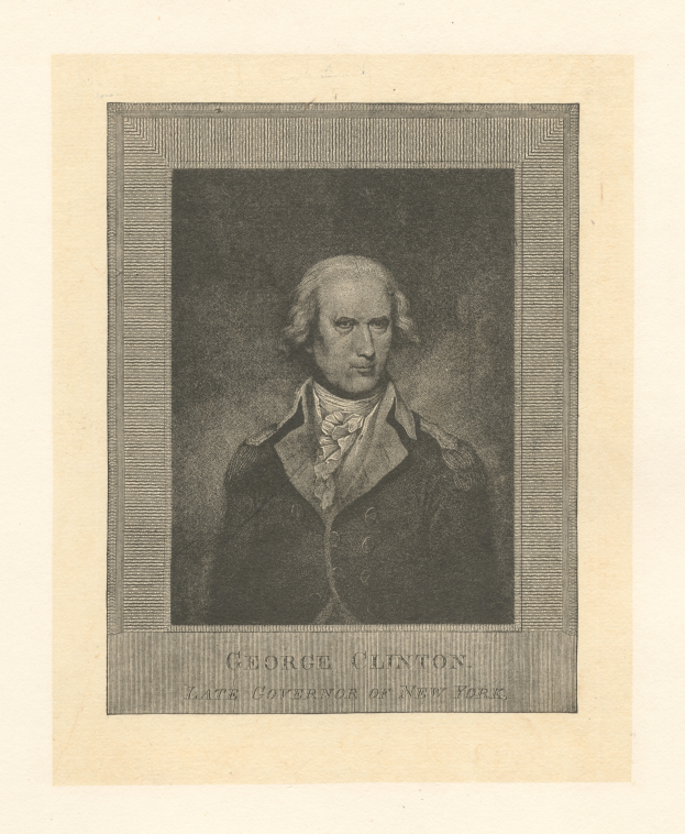 Porträt von George Clinton, dem verstorbenen Gouverneur von New York, in einem Anzug mit zurückgekämmtem Haar, ernster Miene, direkt in die Kamera schauend, mit dem Text 'George Clinton' unten.