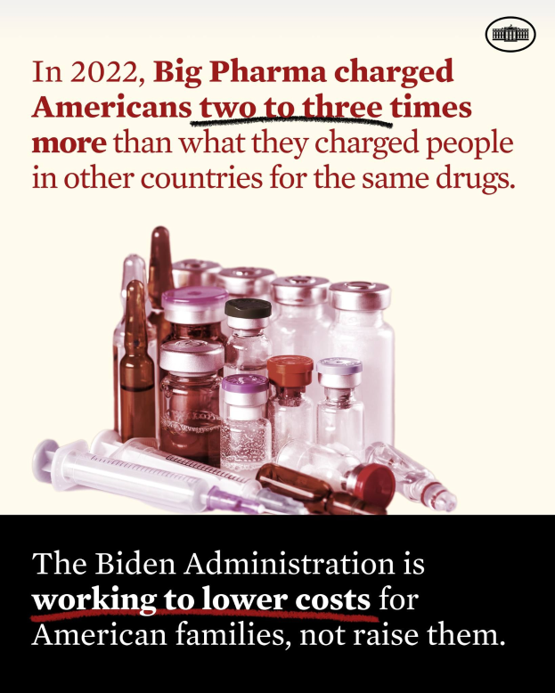Plakat zeigt, dass Amerikaner 2022 für dieselben Medikamente zwei bis drei Mal so viel gezahlt haben wie andere Länder, mit Flaschen und Spritze.