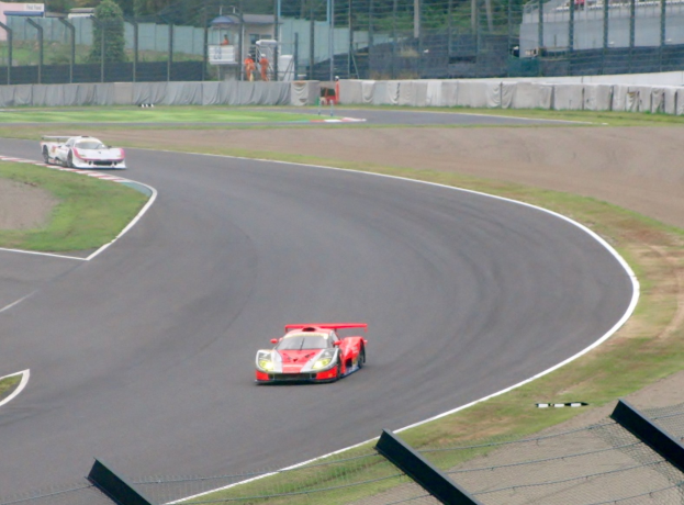 Zwei Sportwagen auf einer Rennstrecke mit Gras, Zaun, Pfosten, Bäumen und Gebäuden im Hintergrund.