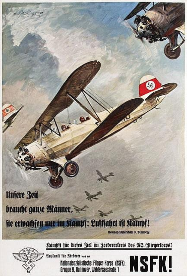 Deutsches Weltkriegs-Propagandaplakat mit einer Formation von Kampfflugzeugen im Flug und begleitendem Text.