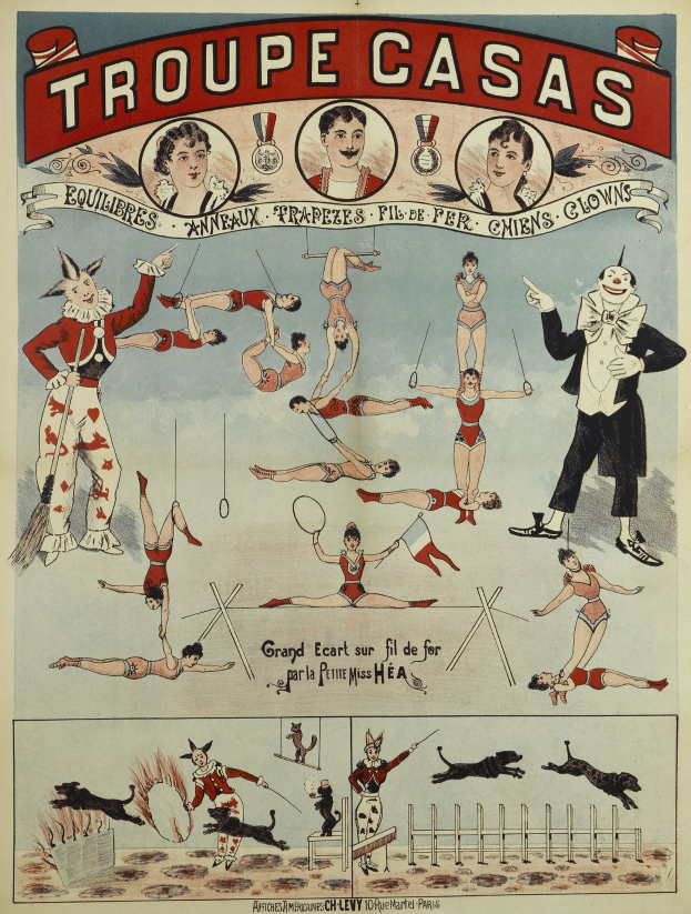 Plakat, das die 'Troupe Casas' Zirkus in Paris ankündigt, mit Performern in farbenfrohen Kostümen und Masken neben Tierbildern.