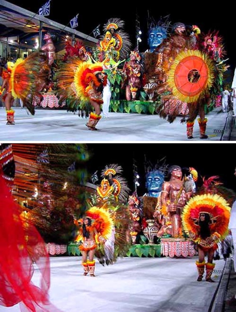 Ein Collage-Bild mit Menschen, die Performances zeigen, einer Statue und einem Gebäude.