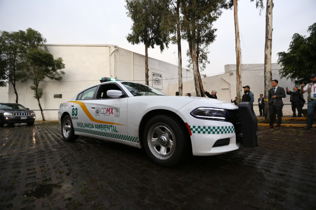 Weißer Polizeiwagen vor einem Gebäude mit einer Gruppe von Menschen in bunten Kleidern und Mützen, Bäumen und einem klaren blauen Himmel in Mexiko-Stadt.