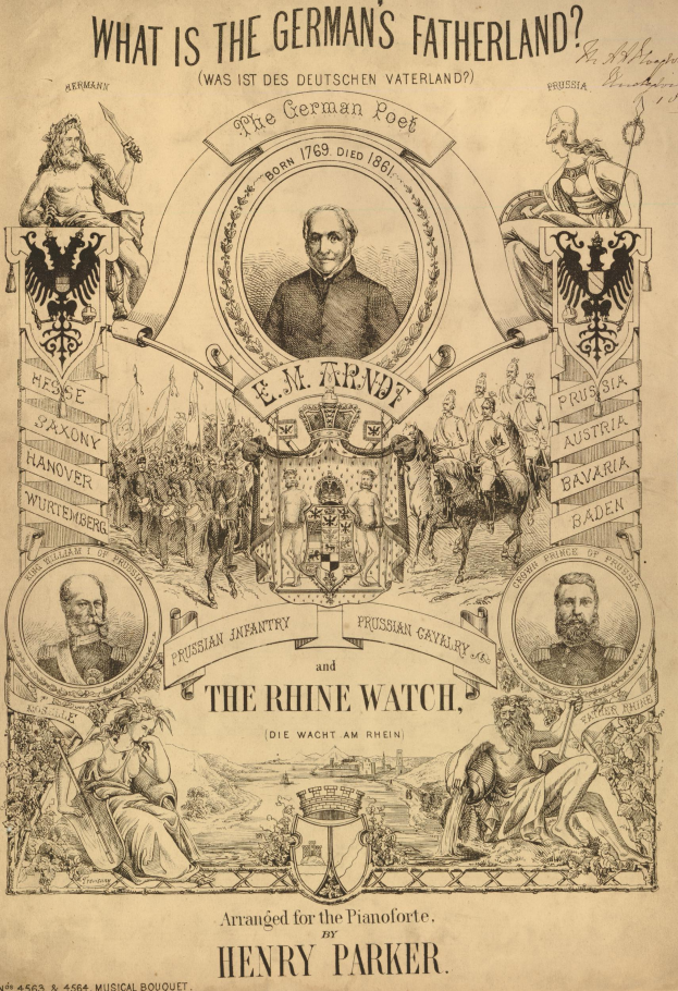 Eine Zeitung mit Bildern von Menschen und dem Text "Was ist das Vaterland des Deutschen? Der Rhein-Wacht von Henry Parker".