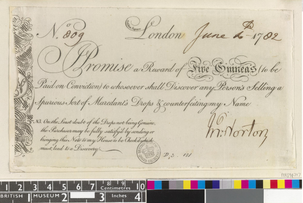 Altes Dokument mit schwarzer und weißer Handschrift, Text und einem Stempel, das unten farbige Skalen zeigt, die eine Belohnung von fünf Emiraten für die Meldung von Fälschern von Mardants Tropfen angeben.