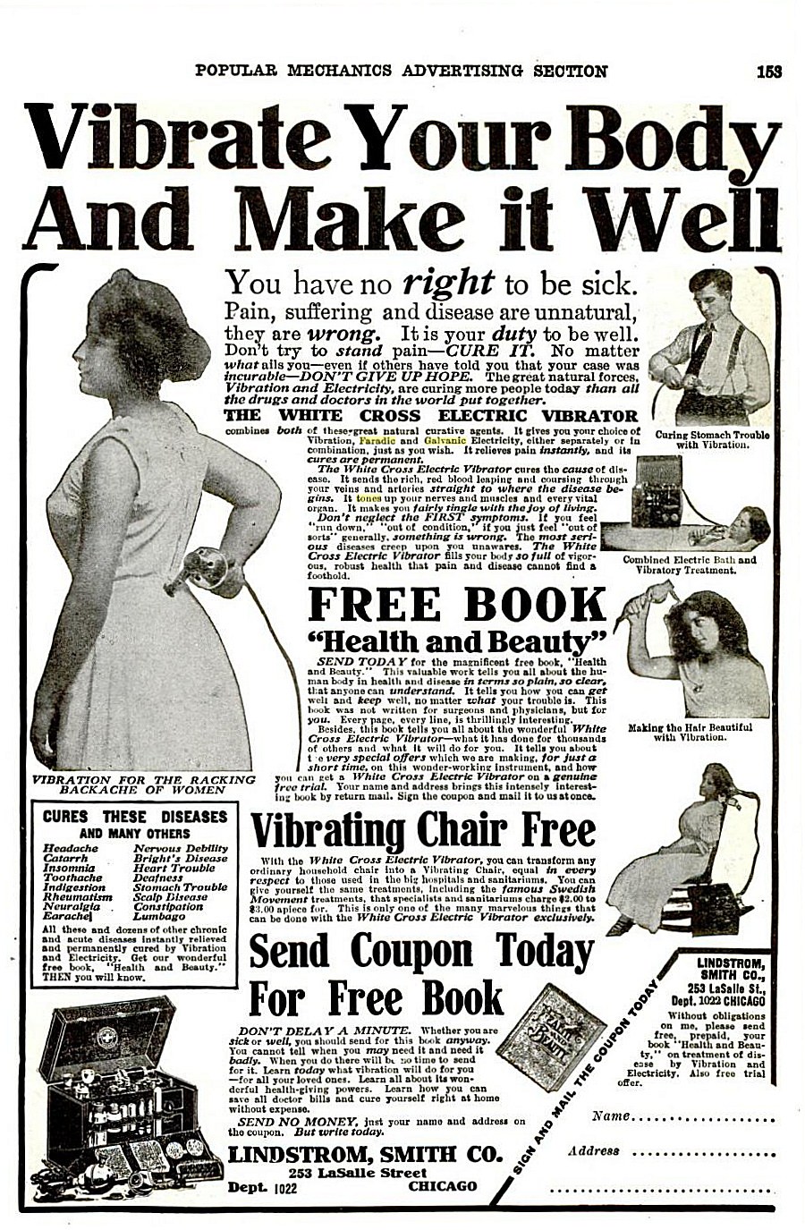 Ein Plakat mit einer Frau in einem weißen Kleid mit einem gemusterten Schultertuch, die Arme verschränkt und den Kopf hoch erhoben, mit fetter schwarzer Schrift, die 'Vibrate Your Body and Make It Well.' lautet.