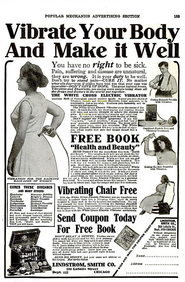 Ein Plakat mit einer Frau in einem weißen Kleid mit einem gemusterten Schultertuch, die Arme verschränkt und den Kopf hoch erhoben, mit fetter schwarzer Schrift, die 'Vibrate Your Body and Make It Well.' lautet.