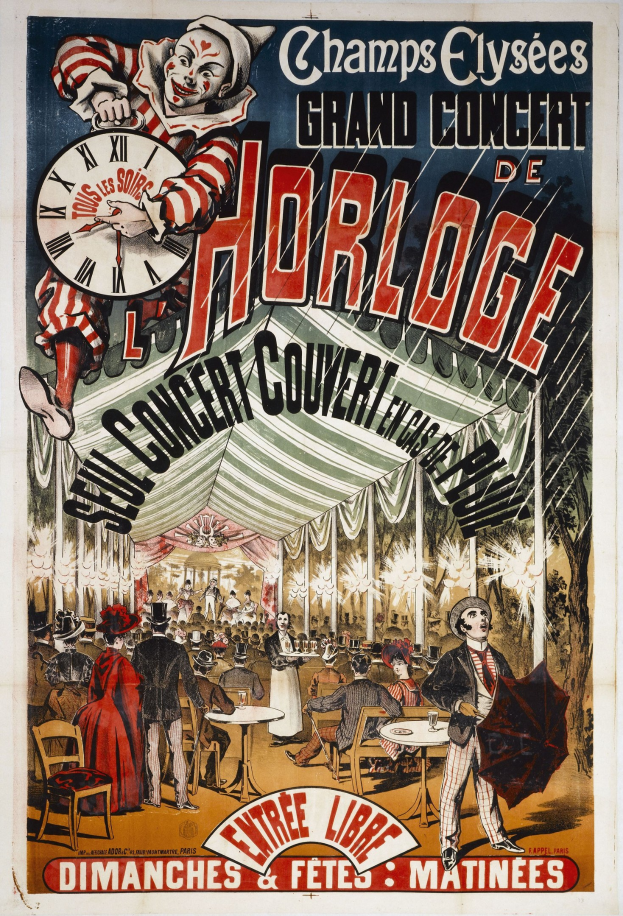 Plakat für ein Horloge-Konzert auf den Champs-Élysées mit einer Gruppe von Menschen mit einem Schirm und einer Uhr im Hintergrund.