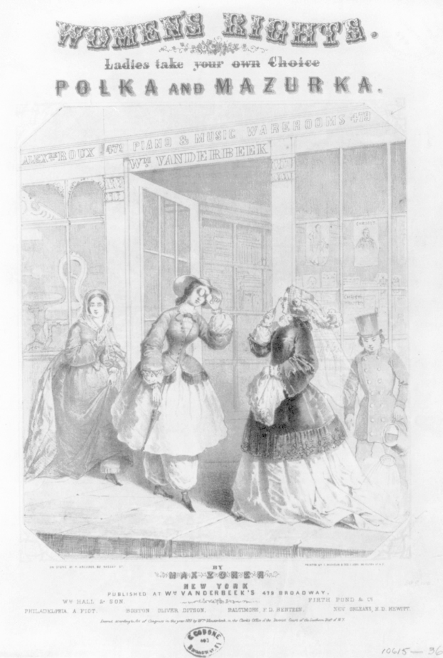 Ein Blatt mit einer Zeichnung von drei Frauen vor einem Gebäude, betitelt mit "Frauenrechte: Ladies Take Your Own Choice, Polka und Mazurka."