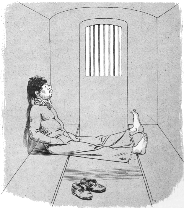 Ein Mann sitzt auf dem Boden einer Zelle in Schwarz-Weiß, mit einem Paar Schuhen daneben und Text unten.