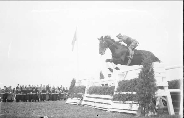 Schwarze und weiße Fotografie eines Pferdes und Reiters, die über ein Hindernis bei den Royal Ascot Horse Trials 1953 springen, mit Zuschauern auf der linken Seite, einer Flagge im Hintergrund und Gras unten.