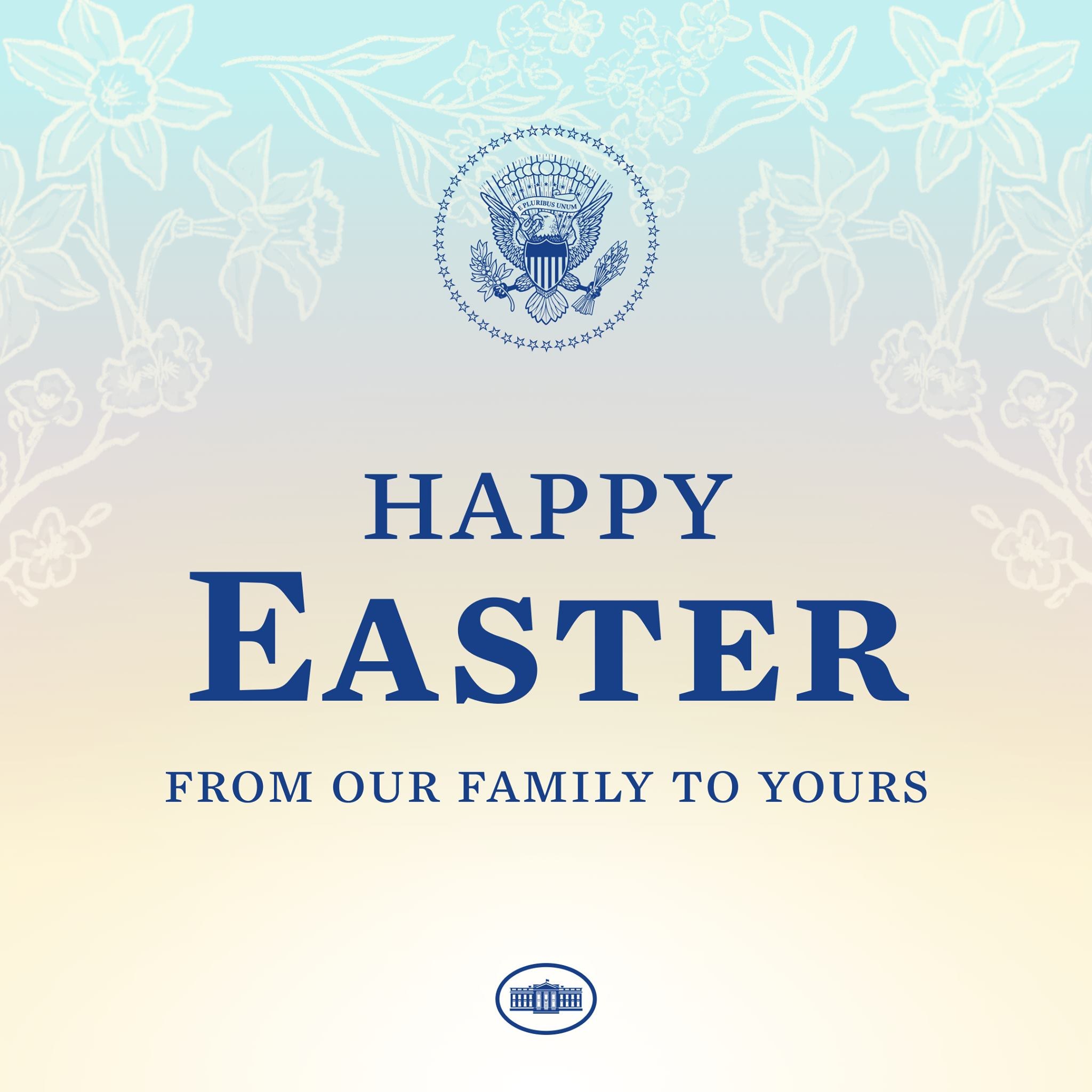 Ein festlicher Osterplakat mit der Aufschrift "Frohe Ostern von unserer Familie zu der euren" und einem Logo des US-Ministeriums für Innere Sicherheit, geschmückt mit bunten Ostereiern, Hasen und anderen fröhlichen Symbolen.