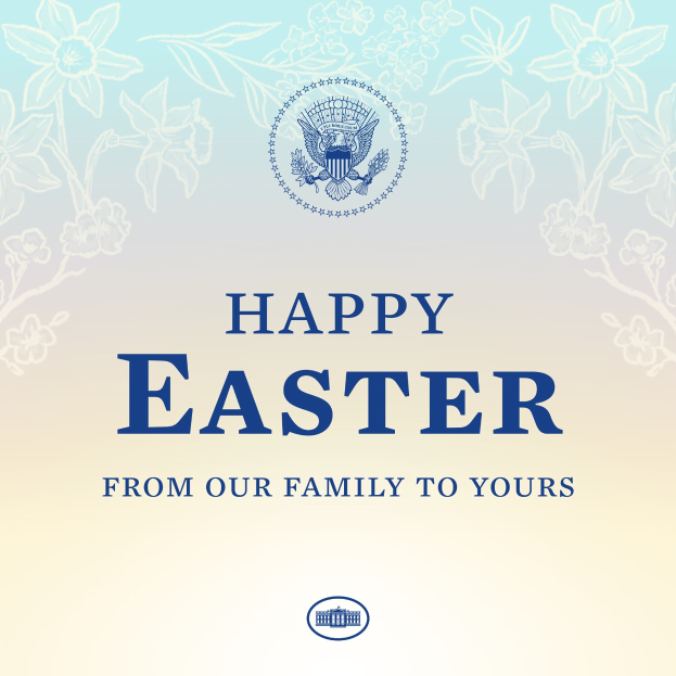 Ein festlicher Osterplakat mit der Aufschrift "Frohe Ostern von unserer Familie zu der euren" und einem Logo des US-Ministeriums für Innere Sicherheit, geschmückt mit bunten Ostereiern, Hasen und anderen fröhlichen Symbolen.