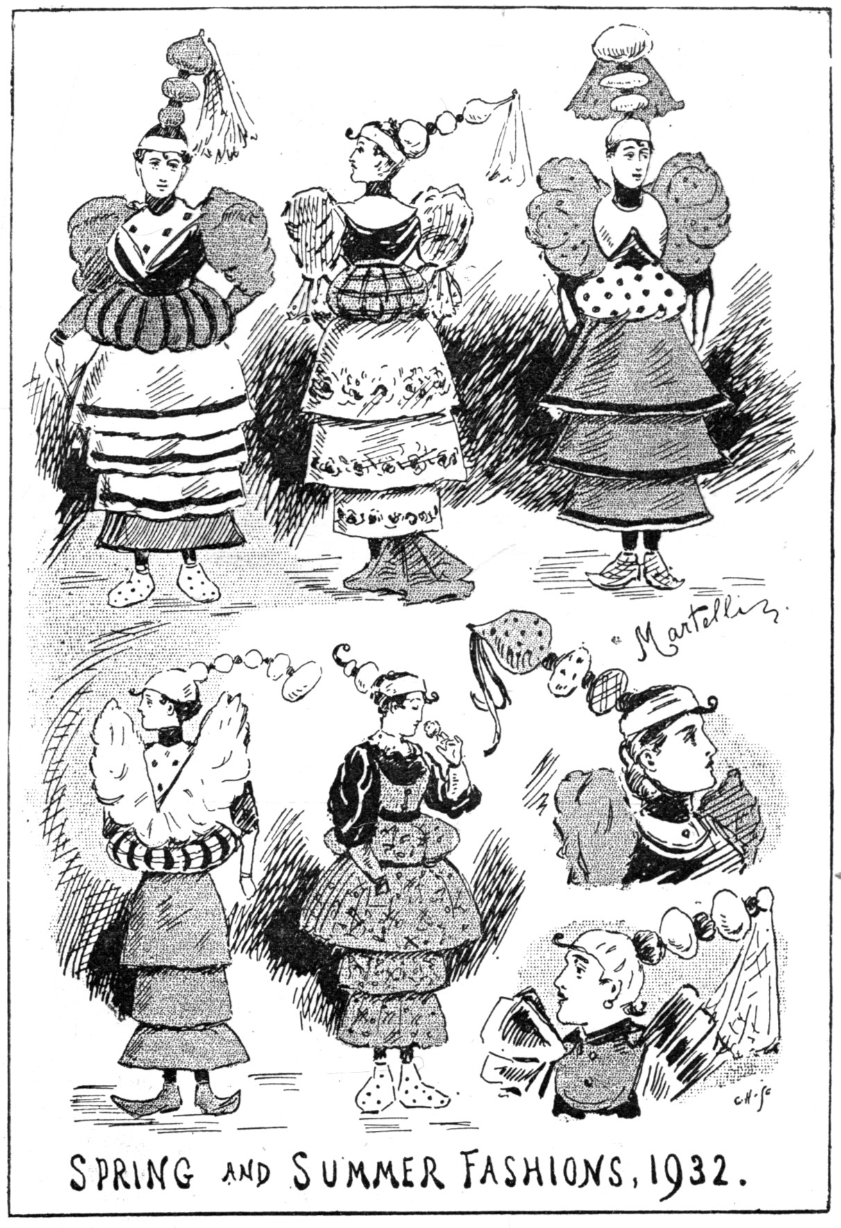 Fashion-Illustration von Frauen in 1932er Frühjahrs- und Sommerkleidern mit begleitendem Text.