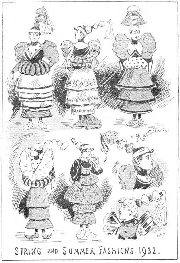 Fashion-Illustration von Frauen in 1932er Frühjahrs- und Sommerkleidern mit begleitendem Text.