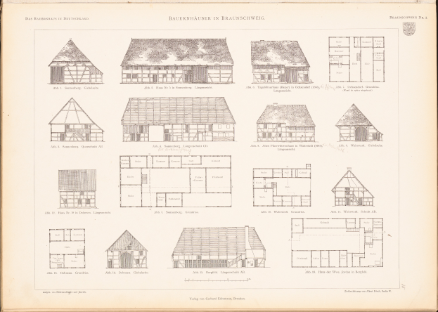 Ein aufgeschlagenes Buch mit detaillierten Plänen und Zeichnungen verschiedener einzigartig gestalteter Häuser, begleitet von Texten, die ihre Merkmale beschreiben.