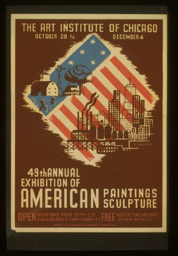 Plakat für die 49. Jahresausstellung des Art Institute of Chicago für Amerik. Malerei und Skulptur mit Texten und Bildern zum Thema.