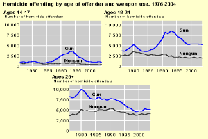 Eine Liniengrafik, die die Homicide-Offending nach Alter des Täters und Waffennutzung von 1976 bis 2004 zeigt, mit begleitendem Text, der zusätzliche Dateninformationen bereitstellt.