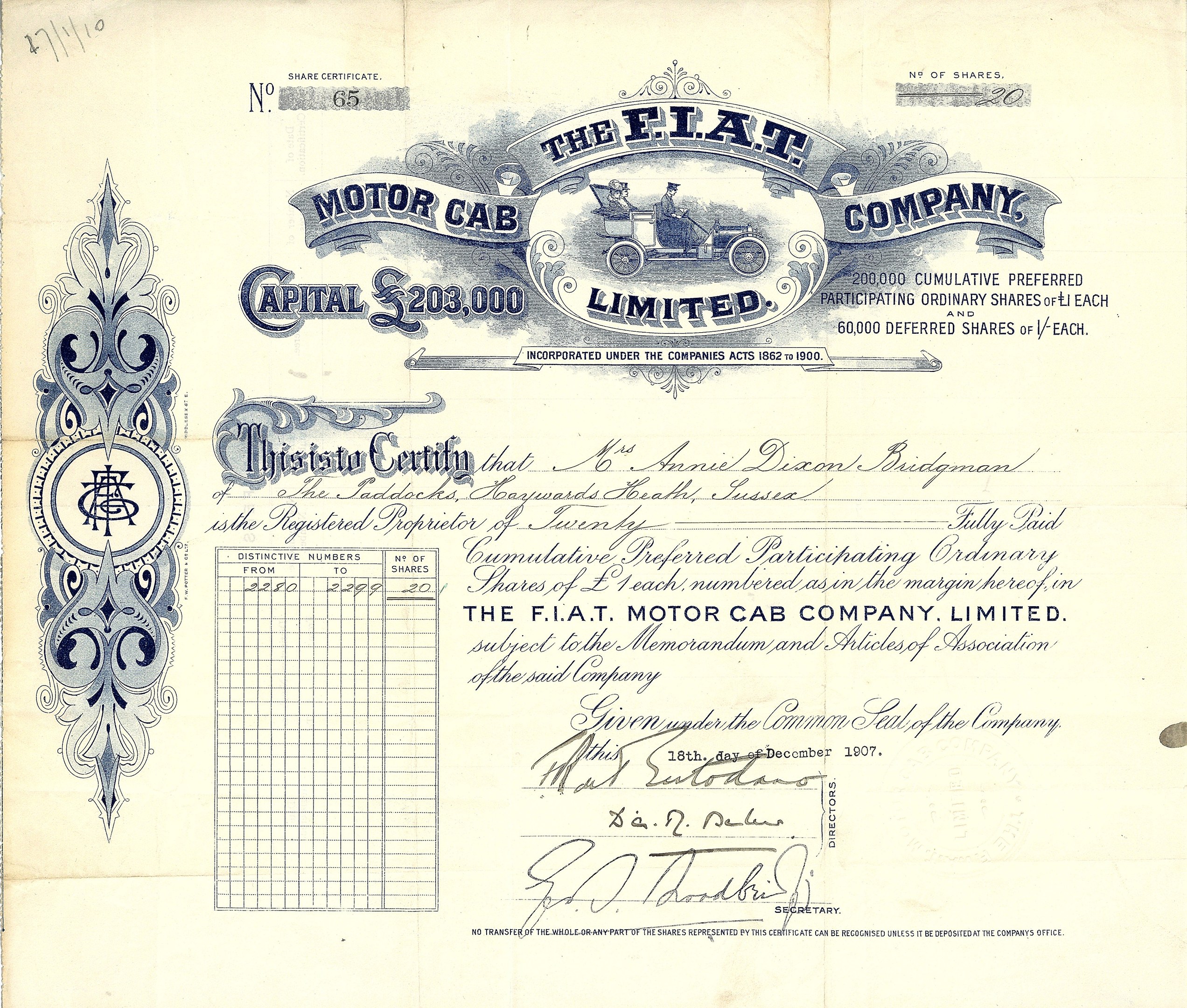Altes Aktienzertifikat der Flat Motor Cab Company mit gedrucktem Text und handgeschriebenen Zahlen.
