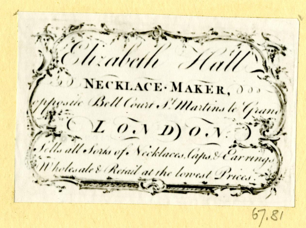 Visitenkarte mit Abbildung eines Schmuckherstellers und Textbeschreibung seiner Dienstleistungen.