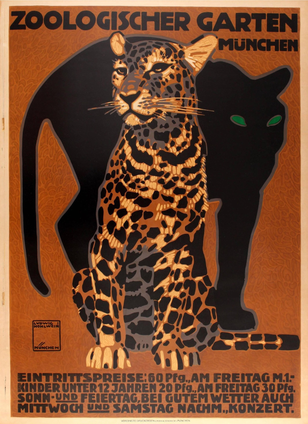 Plakat für eine Münchner Zoo-Werbung mit Leopard und Hauskatze, Text mit Zooinformationen