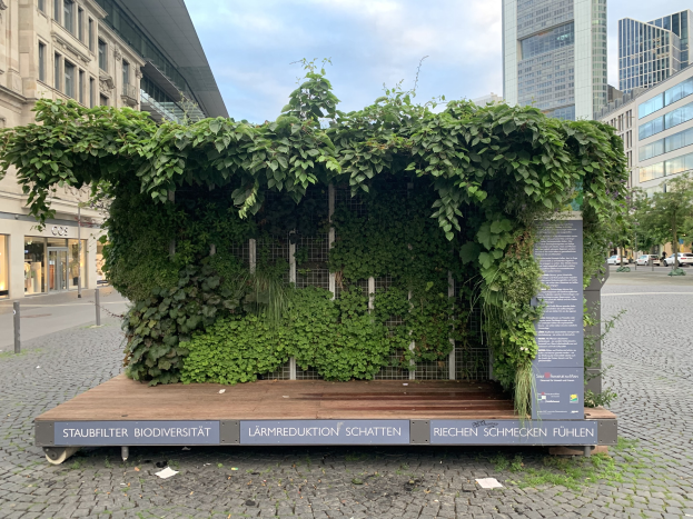 Grünes Gebäude mit Efeu an der Fassade, umgeben von Bäumen, Fahrzeugen, Strommasten und anderen Gebäuden unter einem bewölkten Himmel, Teil der Staufbilter Biodiversität in Berlin, Deutschland.