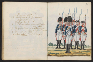 Ein aufgeschlagenes Buch mit einer Zeichnung von uniformierten Männern mit Waffen, mit Text auf der linken Seite, der '1837-1838 - die niederländische Armee in Garmisch-Partenkirchen' lautet, vor schwarzem Hintergrund.