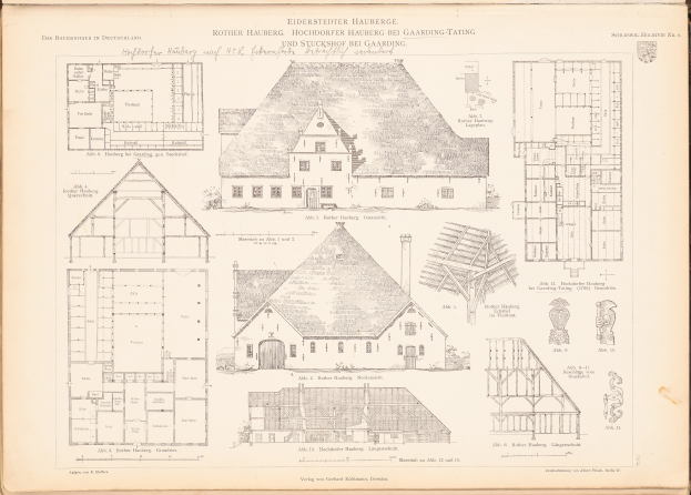 Altes Buch mit einer Hausillustration auf dem Cover, enthaltend detaillierte architecturale Pläne und Text.