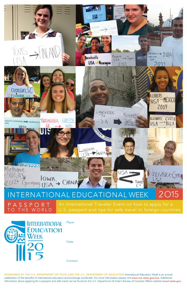 Ein Plakat für die Internationale Bildungswoche 2015 mit einer Gruppe strahlender Menschen, die Schilder halten, und Texten, die Informationen zum Event liefern.