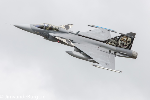 Ein Kampfjet mit einer Tiger-Design-Malerei auf dem Rumpf, der durch den Himmel fliegt, mit Text in der unteren linken Ecke.