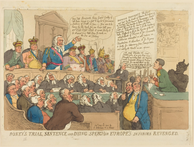 Cartoon-Illustration einer Gerichtsszene mit dem Titel "Boney's Trial, Sentence, and Dying Speech Europe's Injuries Revenged", auf der eine zentrale Figur steht und rechts ein Tisch mit Gegenständen zu sehen ist.