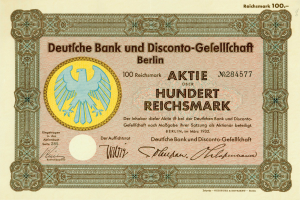 Eine alte deutsche Banknote mit einer Vogeldarstellung und der Aufschrift "Deutsche Bank und Disconto-Gesellschaff Berlin".
