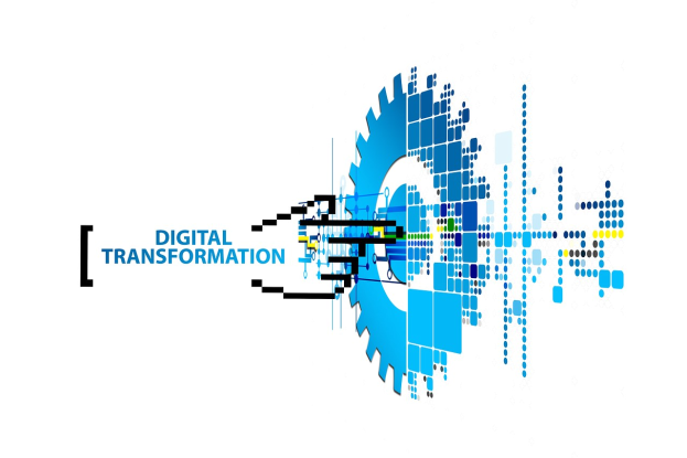 Digitalisierung-Logo mit 'Digitalisierung' Text in der Mitte, umgeben von blauen, schwarzen und gelben Punkten auf einem weißen Hintergrund.