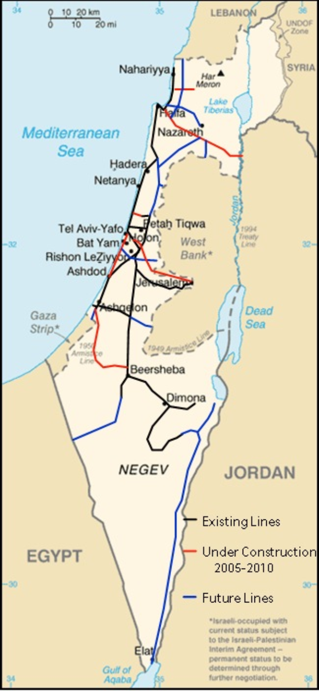 Ein detaillierter Stadtplan von Israel und Palästina, der Städte, Flüsse und andere geografische Merkmale zeigt, mit Text und Linien, die das Ausmaß des Konflikts zwischen den beiden Ländern angeben.