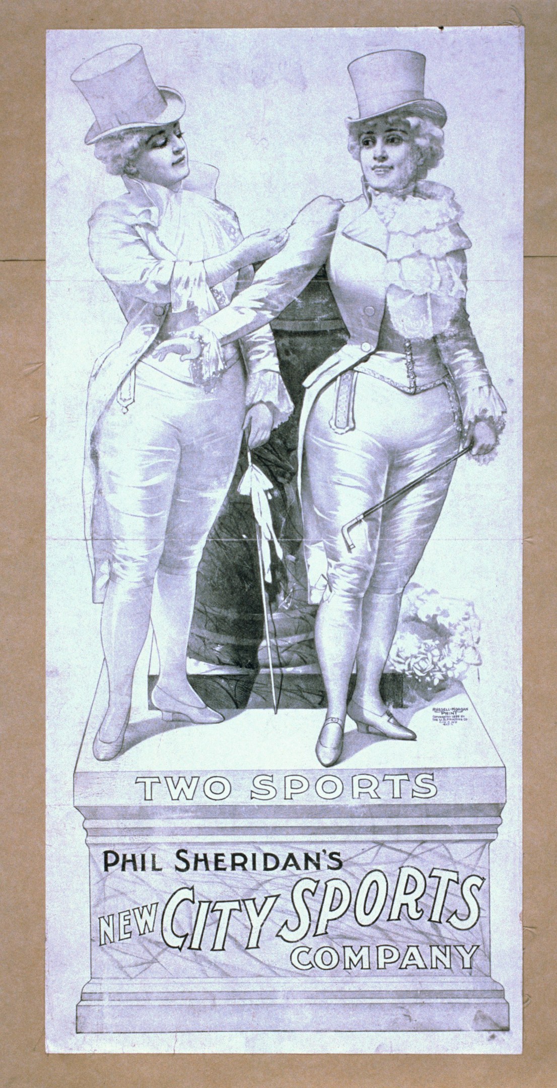 Plakat für die neue Stadt-Sportfirma von Phil Sheridan mit zwei Personen nebeneinanderstehend und Text, der die Firma und ihre Dienstleistungen beschreibt.