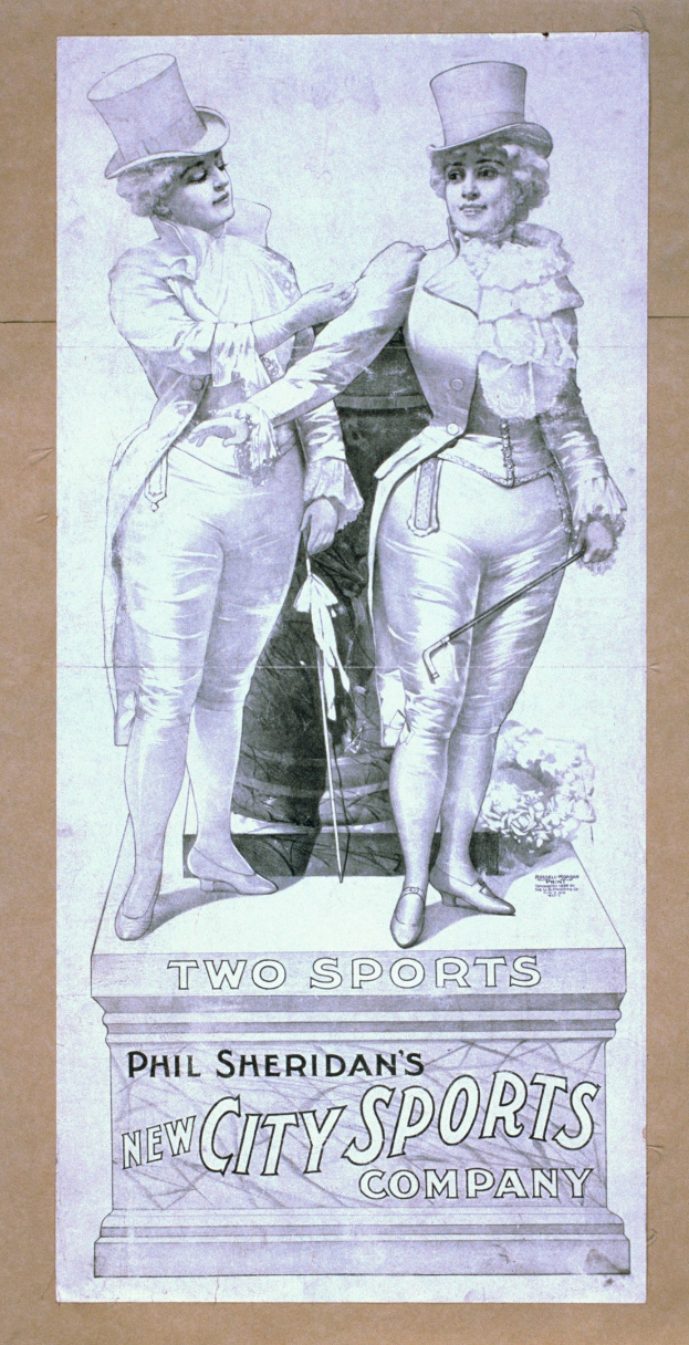 Plakat für die neue Stadt-Sportfirma von Phil Sheridan mit zwei Personen nebeneinanderstehend und Text, der die Firma und ihre Dienstleistungen beschreibt.