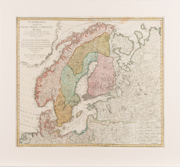 Ein gerahmter Kartenausschnitt von Skandinavien, der Schweden, Dänemark und Norwegen mit sichtbaren Provinzen von Schweden und Norwegen zeigt.