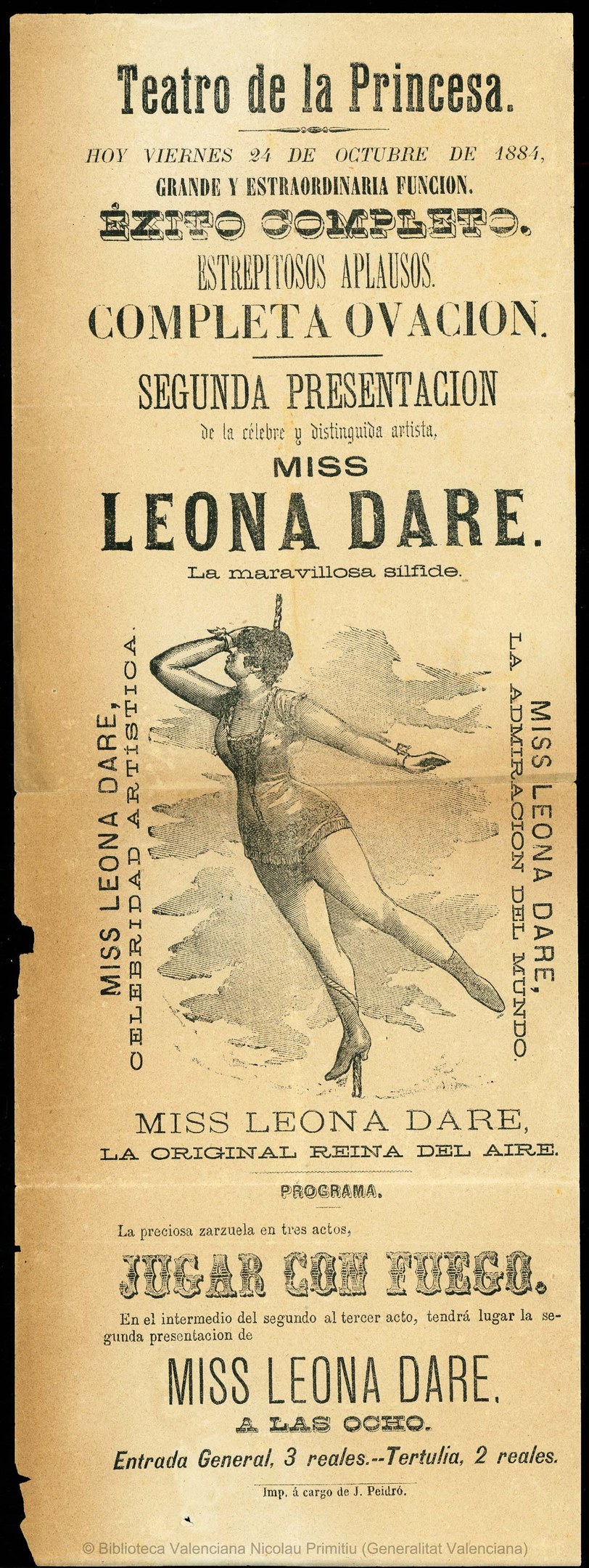 Ein Vintage-Werbeplakat für das Teatro de la Princesa mit einer Frau in einem langen, hochgeschlossenen Kleid mit einem Dutt, die anmutig mit ausgestreckten Armen in einer tiefblauen Nacht mit Sternen steht.