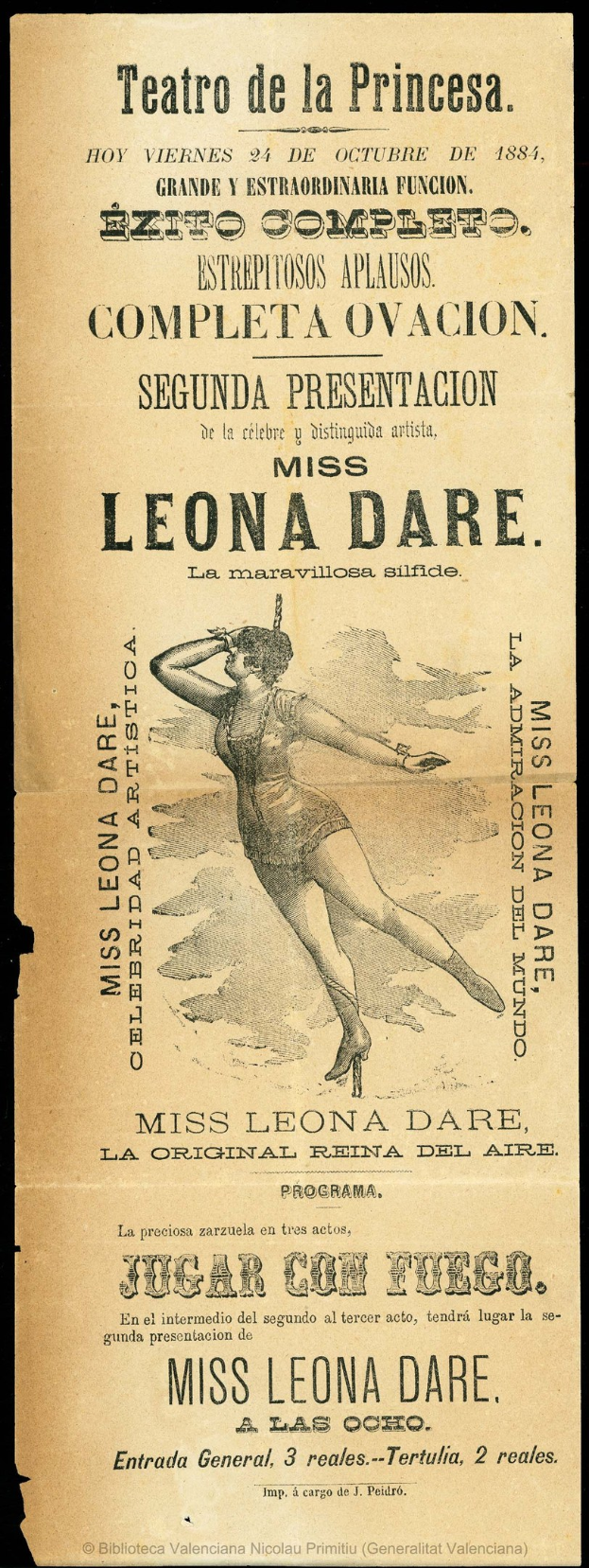 Ein Vintage-Werbeplakat für das Teatro de la Princesa mit einer Frau in einem langen, hochgeschlossenen Kleid mit einem Dutt, die anmutig mit ausgestreckten Armen in einer tiefblauen Nacht mit Sternen steht.