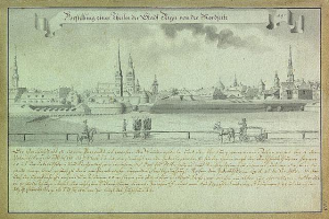 Eine Zeichnung einer Stadtlandschaft mit einer Kutsche im Vordergrund, die die Belagerung von Hamburg, Deutschland, zeigt, mit Text auf dem Papier, der die Ereignisse der Belagerung beschreibt.