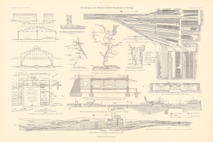 Ein altes Buch mit einer detaillierten Zeichnung eines Bahnhofs, einschließlich Gleise, Bahnsteige und anderen Strukturen, mit begleitendem Text, der Informationen über den Bahnhof und seine Geschichte bereitstellt.