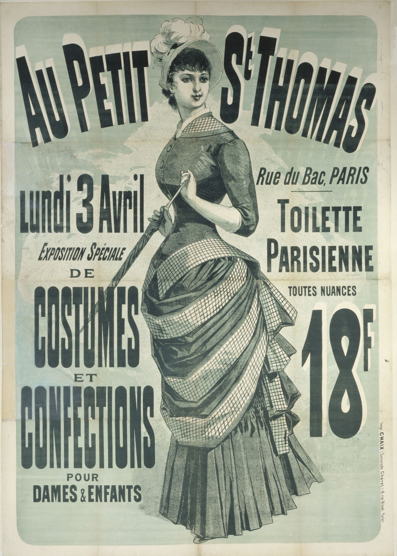 Ein Vintage-Plakat, das eine Kostümvorstellung bewirbt, zeigt eine Frau in einem langen, hochgeschlossenen, langärmligen Kleid mit einem Dutt, die anmutig mit verschränkten Händen posiert.