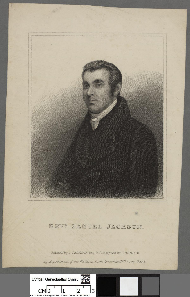 Schwarz-weiß-Porträt von Rev. Samuel Jackson mit Text am unteren Rand des Papiers.