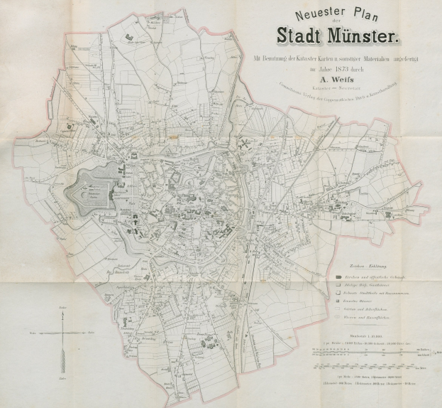 Detailreiches Stadtplan von Münster, Deutschland, mit Textbeschriftungen von 1873.