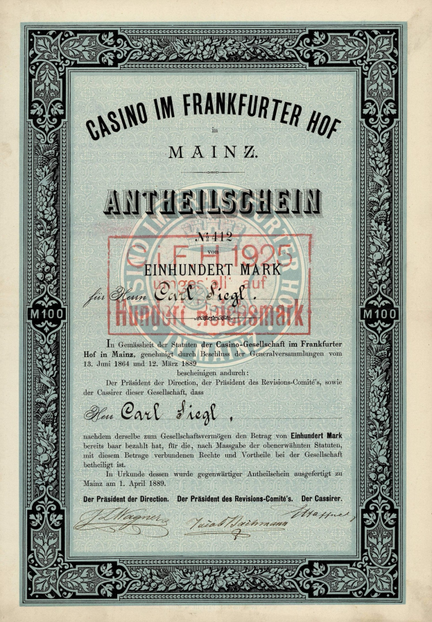 Altes Wertpapier mit schwarzem Rand und rotem Stempel, Text lautet "Casino im Frankfurter Hof Mainz".