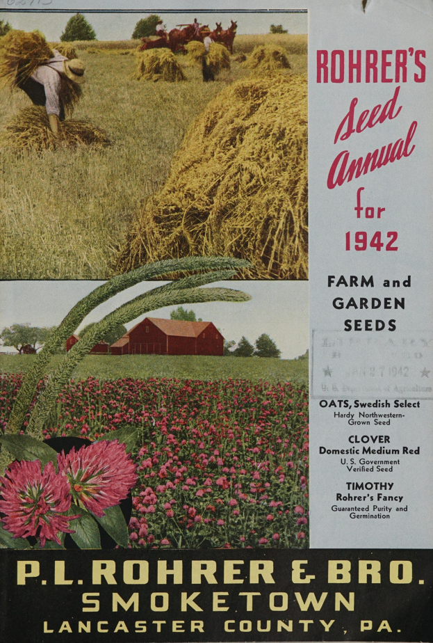 Ein Plakat für Rohrer's Saatgut-Jahrbuch 1942 mit einer bunten Auswahl an Blumen, Pflanzen, Gras, einer Person, einem Haus, Bäumen und einem klaren blauen Himmel mit Text über Samen.