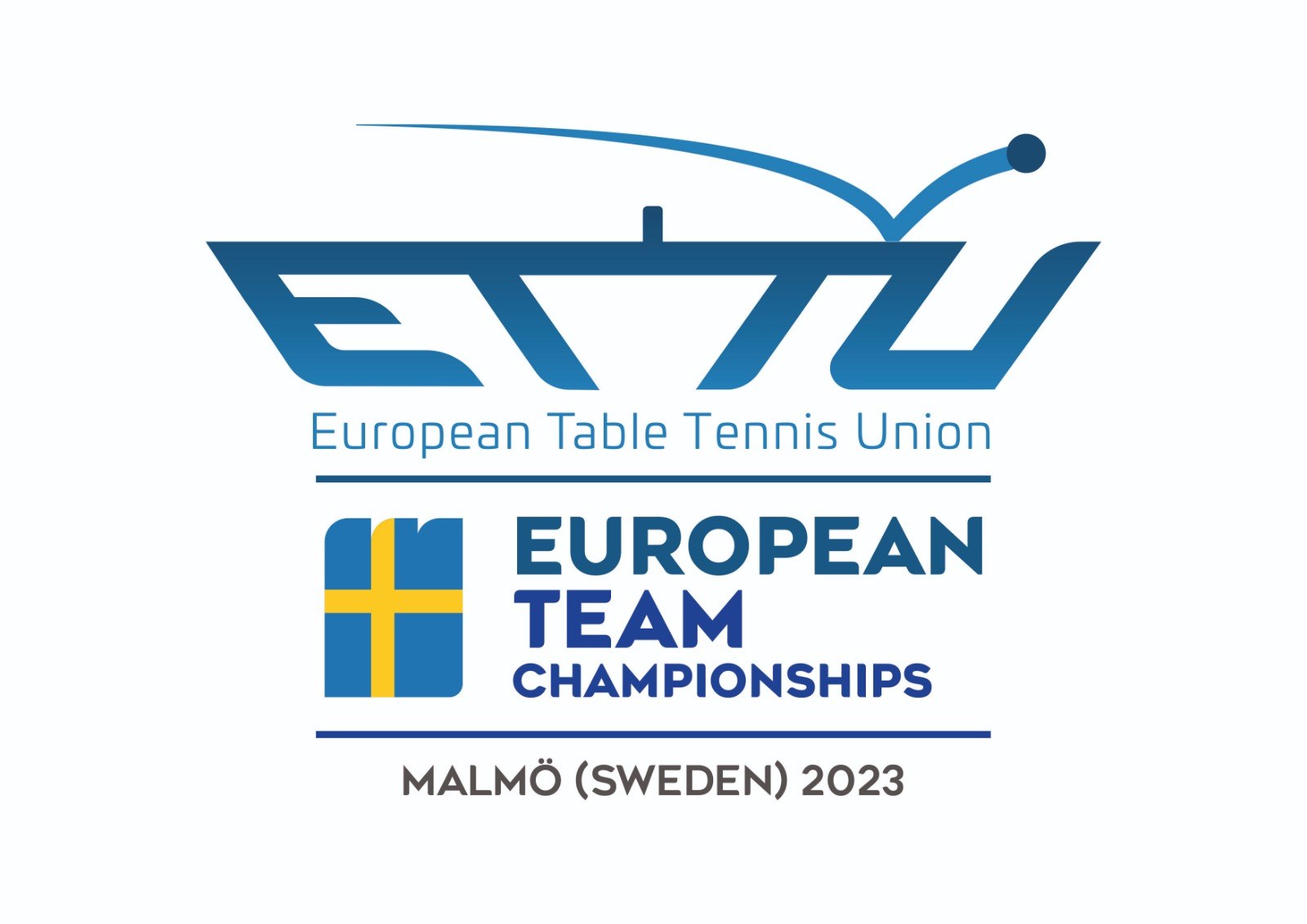 Das Logo der Europäischen Tischtennis-Union (ETTU) für die Europameisterschaften der Mannschaften, mit einem blauen Kreis mit einem weißen Tischtennisschläger, einem weißen und blauen Rand und schwarzem, fetten Text darunter.