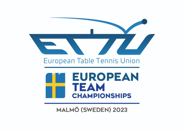 Das Logo der Europäischen Tischtennis-Union (ETTU) für die Europameisterschaften der Mannschaften, mit einem blauen Kreis mit einem weißen Tischtennisschläger, einem weißen und blauen Rand und schwarzem, fetten Text darunter.