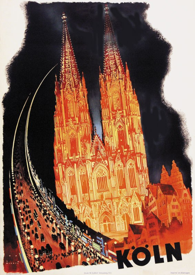 Illustrierter Plakataufdruck der Kölner Dom mit Textwerbung für den Kölner Bahnhof.