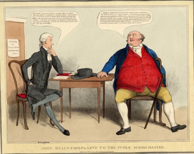 John Bull, ein Mann im Anzug, sitzt einem sitzenden Mann hinter einem Tisch mit Hut und Papieren gegenüber und zeigt in seine Richtung; im Hintergrund sind eine Tür und ein Papier an der Wand zu sehen.